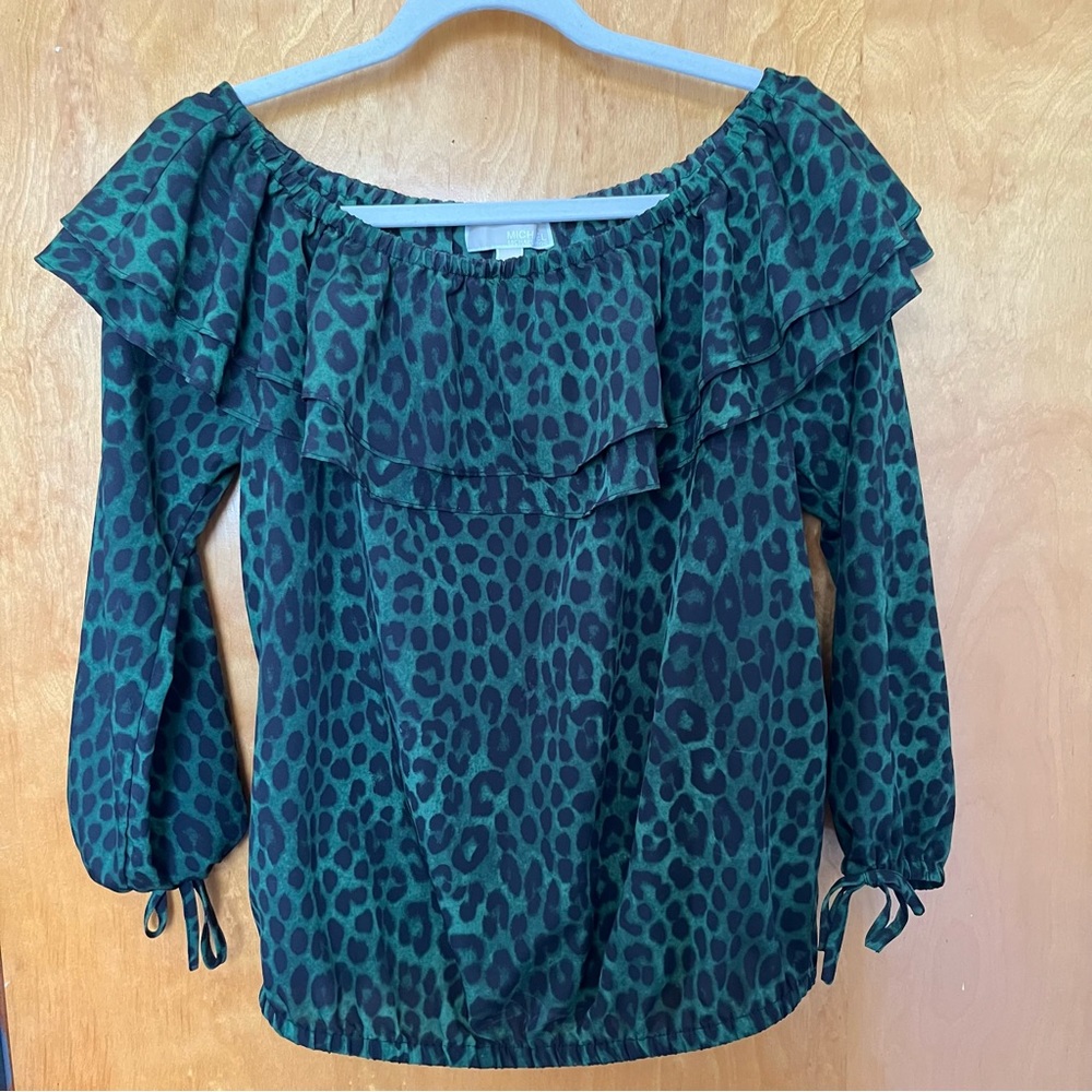 Michael Kors green animal print ruffle top